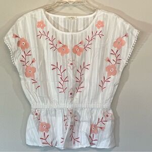 Copper Key White Floral Embroidered Peplum Top Short Sleeve‎ Women Medium